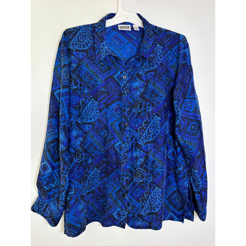 Chicos Design Vintage 100% Silk Blue Geometric Tribal Print Button Down Shirt 3
